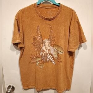 Amy Brown Brown Washed Fairy Mushroom Graphic Print T-shirt L Grunge Whimsical